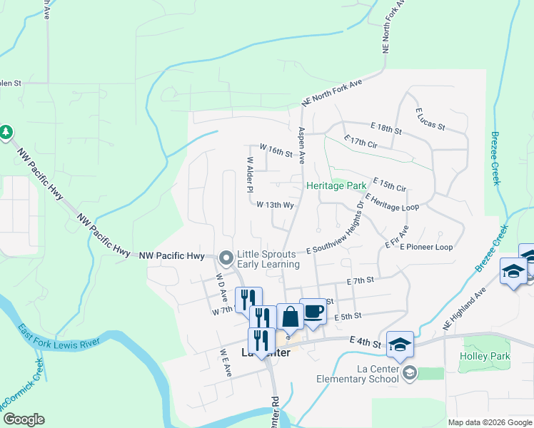 map of restaurants, bars, coffee shops, grocery stores, and more near 822 Aspen Avenue in La Center