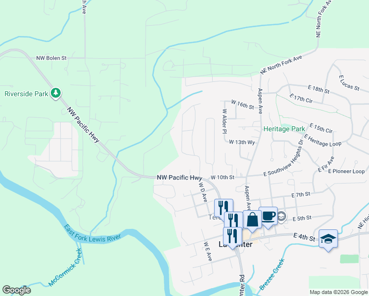 map of restaurants, bars, coffee shops, grocery stores, and more near 1211 West F Place in La Center