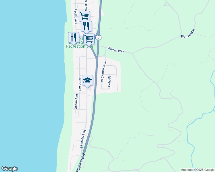 map of restaurants, bars, coffee shops, grocery stores, and more near 3747 West Chinook Avenue in Cannon Beach