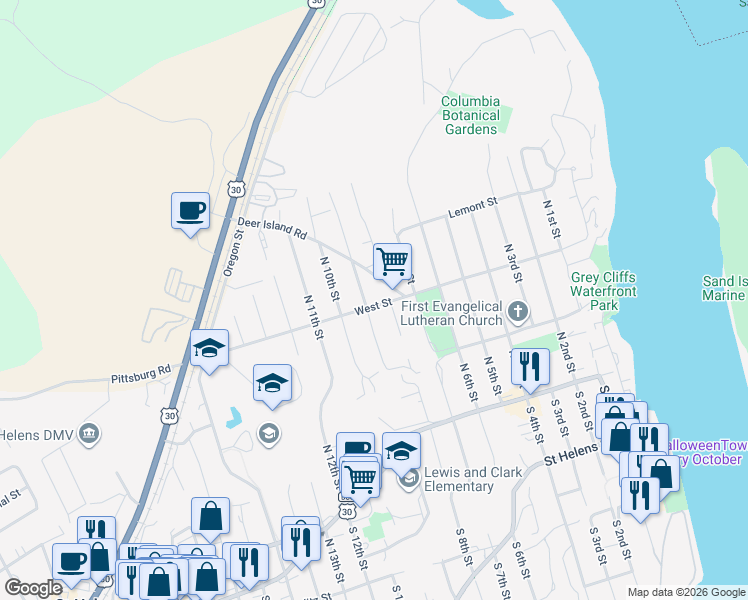 map of restaurants, bars, coffee shops, grocery stores, and more near 335 South 8th Street in St. Helens