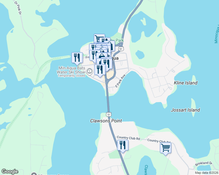 map of restaurants, bars, coffee shops, grocery stores, and more near 338 Park Street in Minocqua