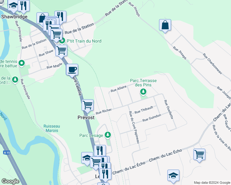 map of restaurants, bars, coffee shops, grocery stores, and more near 949 Rue Allaire in Prévost