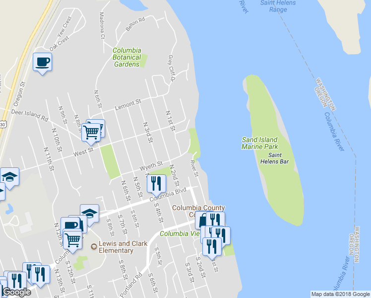 map of restaurants, bars, coffee shops, grocery stores, and more near 215 North River Street in Saint Helens