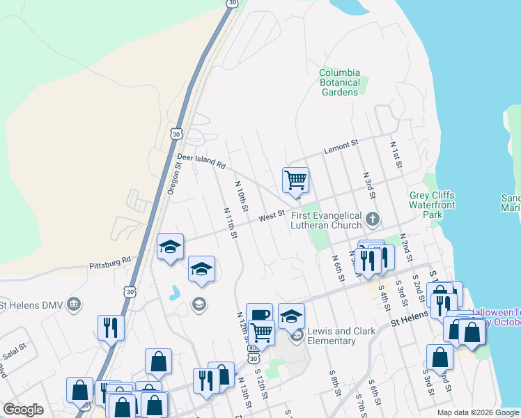 map of restaurants, bars, coffee shops, grocery stores, and more near 415 North 9th Street in St. Helens