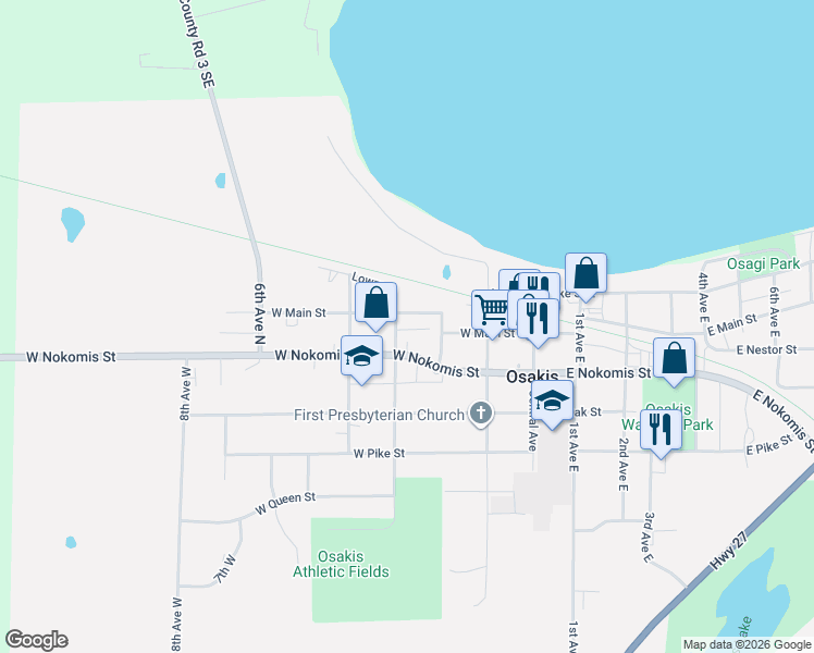 map of restaurants, bars, coffee shops, grocery stores, and more near 207 Main Street East in Osakis