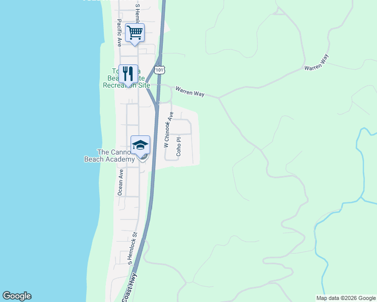 map of restaurants, bars, coffee shops, grocery stores, and more near 3764 East Chinook in Cannon Beach
