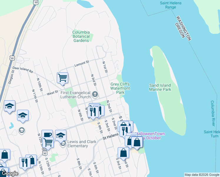 map of restaurants, bars, coffee shops, grocery stores, and more near 235 North 1st Street in St. Helens