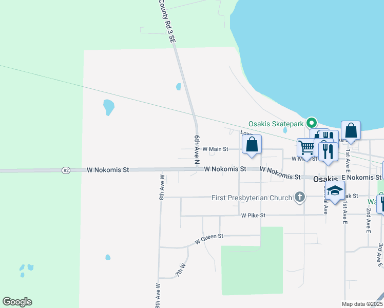 map of restaurants, bars, coffee shops, grocery stores, and more near 501 West Main Street in Osakis