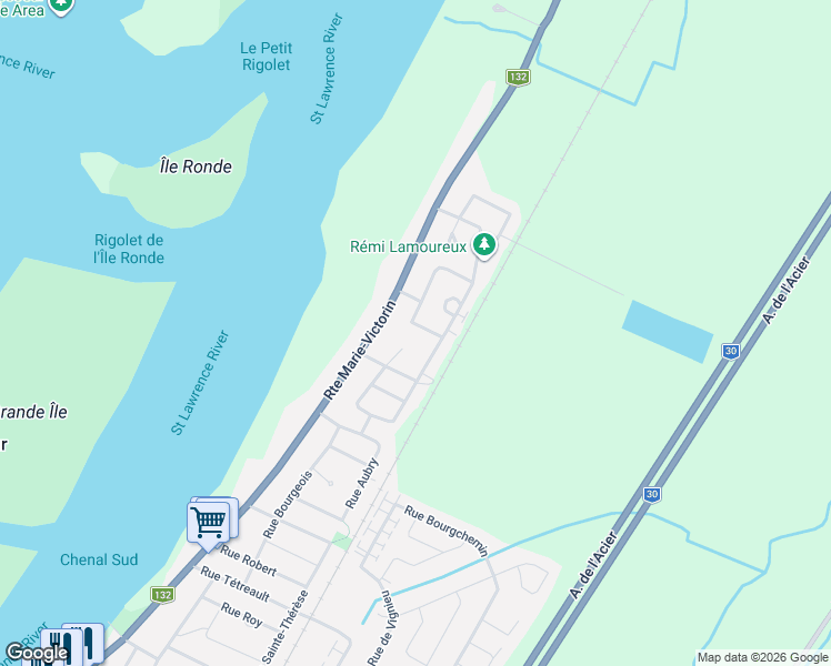 map of restaurants, bars, coffee shops, grocery stores, and more near 731 Rue des Huards in Contrecoeur