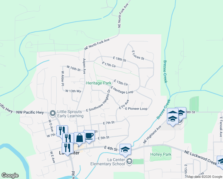 map of restaurants, bars, coffee shops, grocery stores, and more near 728 East Heritage Loop in La Center
