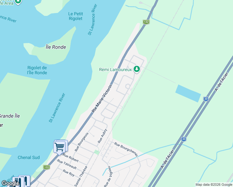 map of restaurants, bars, coffee shops, grocery stores, and more near 737 Rue des Huards in Contrecoeur