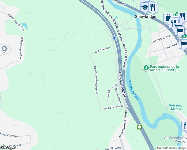 map of restaurants, bars, coffee shops, grocery stores, and more near 1145 Chemin du Manse Boisé in Prévost