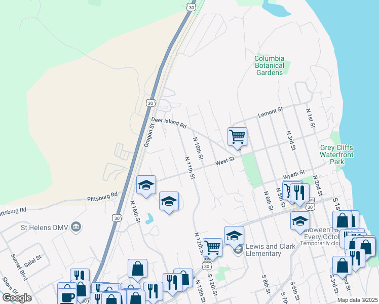 map of restaurants, bars, coffee shops, grocery stores, and more near 465 North 10th Street in St. Helens