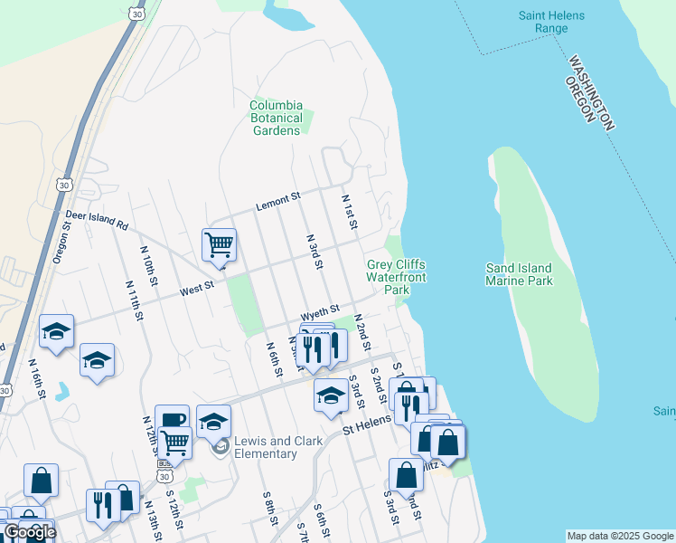 map of restaurants, bars, coffee shops, grocery stores, and more near 265 North 2nd Street in St. Helens