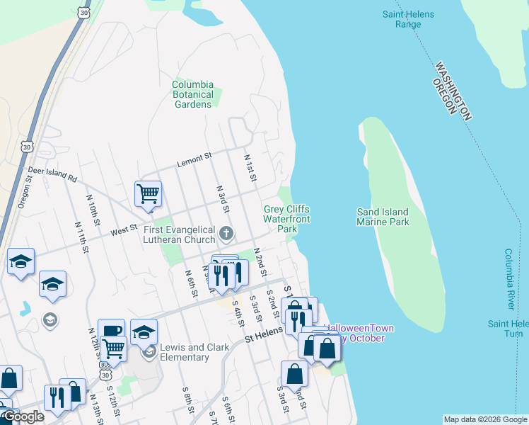 map of restaurants, bars, coffee shops, grocery stores, and more near North 1st Street in St. Helens