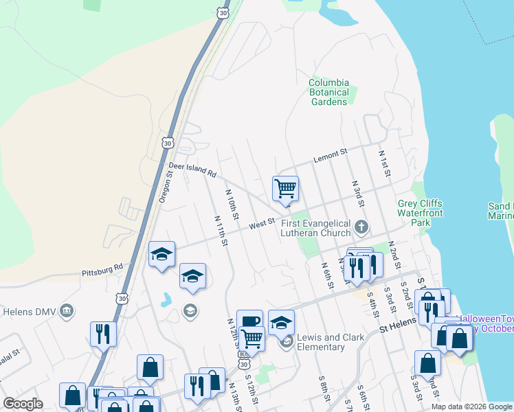 map of restaurants, bars, coffee shops, grocery stores, and more near 335 South 8th Street in St. Helens