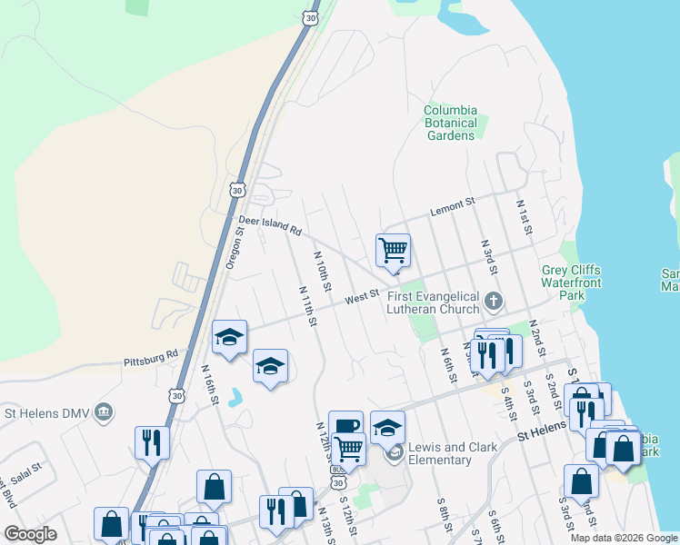 map of restaurants, bars, coffee shops, grocery stores, and more near 455 North 9th Street in St. Helens