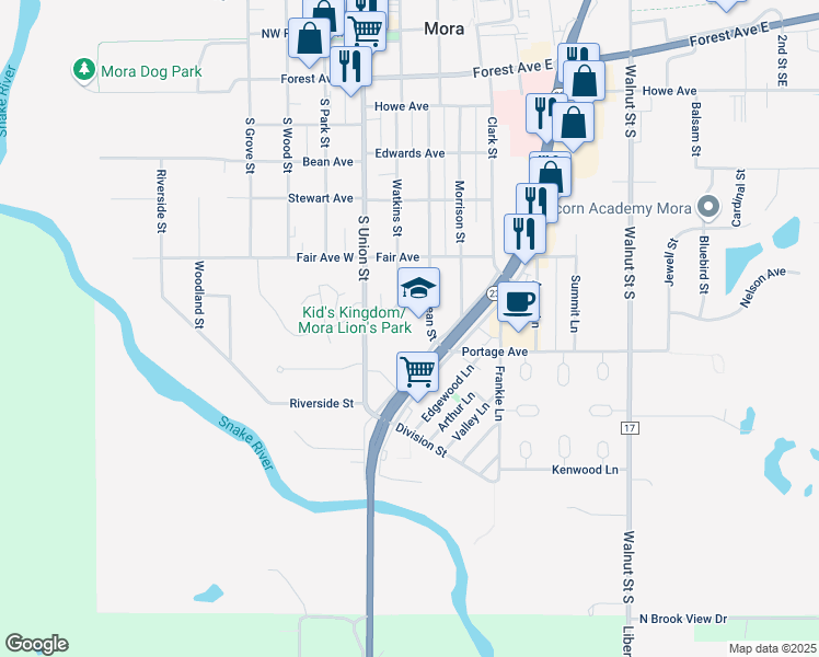 map of restaurants, bars, coffee shops, grocery stores, and more near 707 McLean Street in Mora