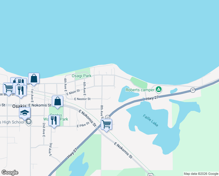 map of restaurants, bars, coffee shops, grocery stores, and more near 804 East Main Street in Osakis