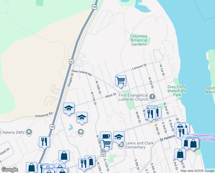 map of restaurants, bars, coffee shops, grocery stores, and more near 335 South 8th Street in St. Helens