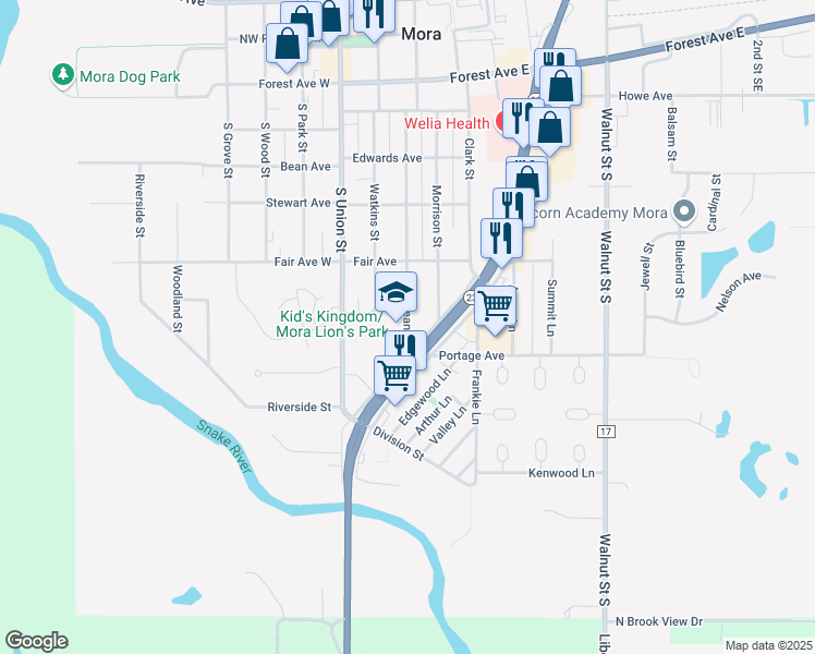 map of restaurants, bars, coffee shops, grocery stores, and more near 707 McLean Street in Mora
