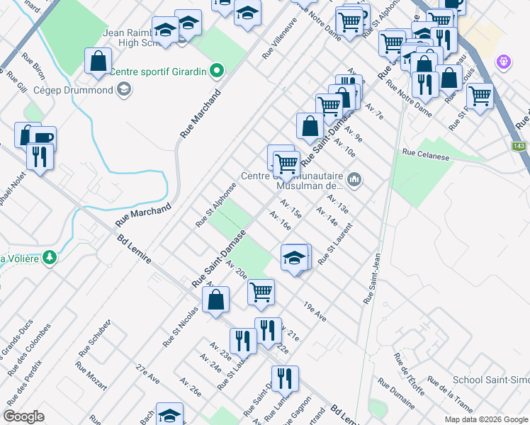 map of restaurants, bars, coffee shops, grocery stores, and more near 238 Rue Saint Damase in Drummondville