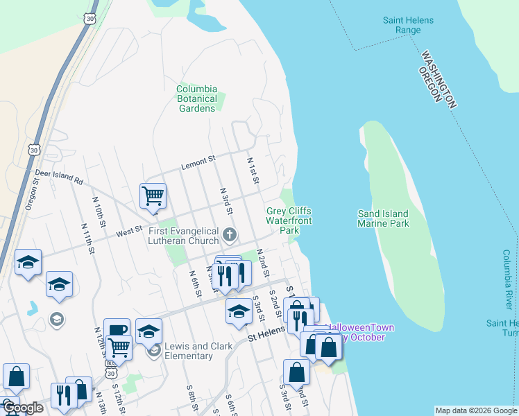 map of restaurants, bars, coffee shops, grocery stores, and more near 235 North 1st Street in St. Helens
