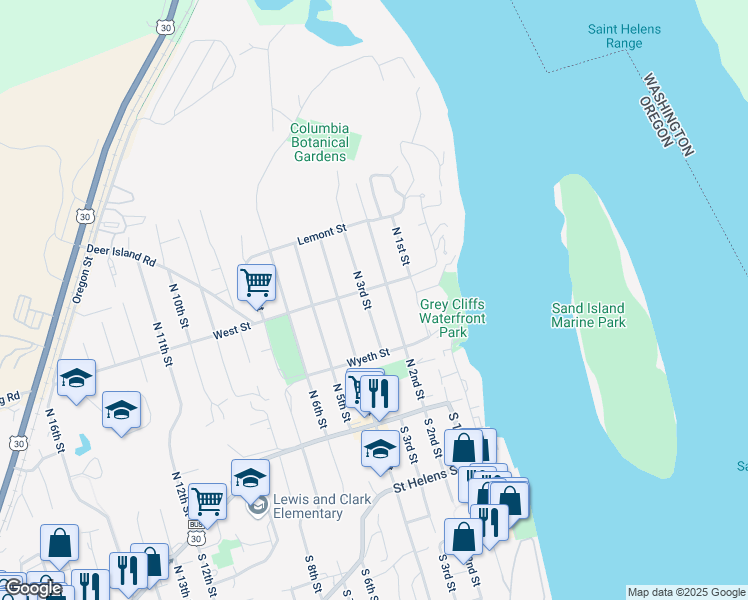 map of restaurants, bars, coffee shops, grocery stores, and more near 265 North 2nd Street in St. Helens