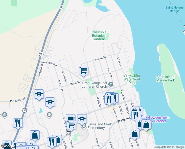 map of restaurants, bars, coffee shops, grocery stores, and more near 314 North 6th Street in St. Helens