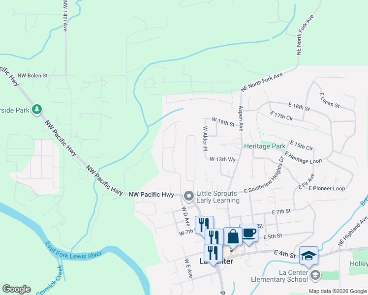 map of restaurants, bars, coffee shops, grocery stores, and more near 1412 West C Avenue in La Center