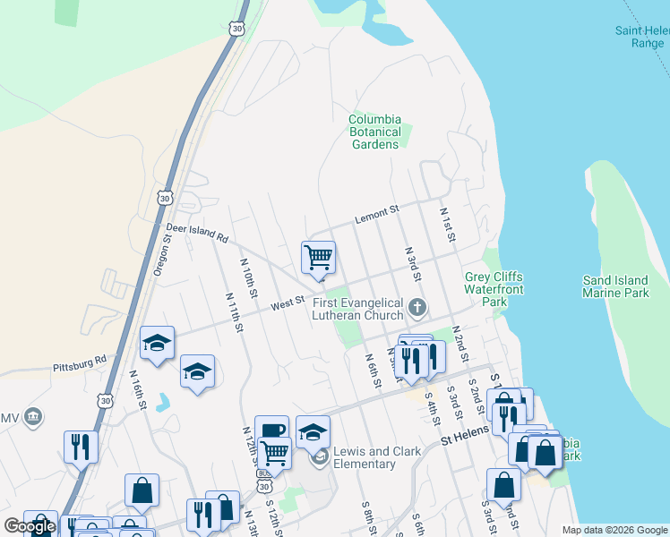map of restaurants, bars, coffee shops, grocery stores, and more near 335 North 6th Street in St. Helens