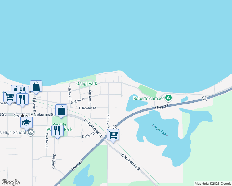 map of restaurants, bars, coffee shops, grocery stores, and more near 804 East Main Street in Osakis