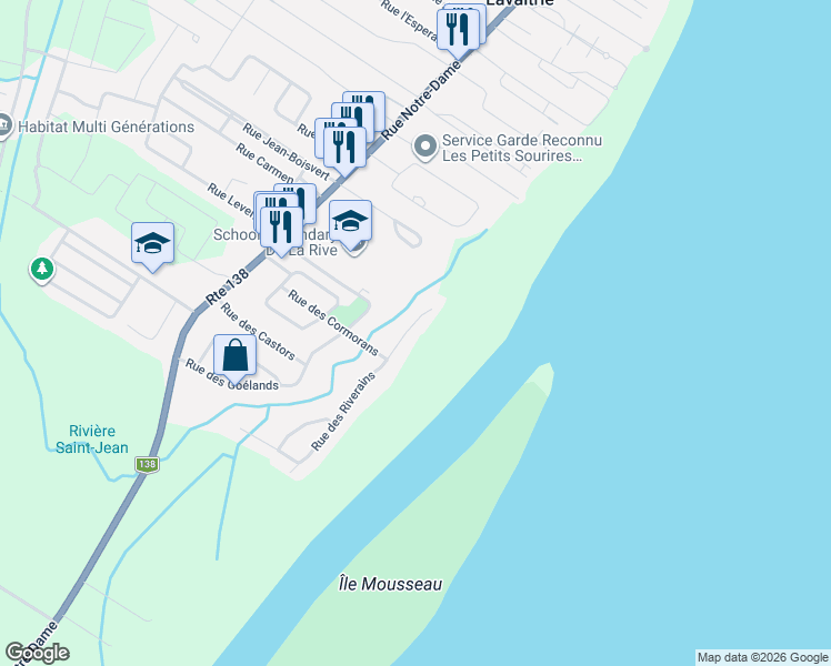 map of restaurants, bars, coffee shops, grocery stores, and more near 521 Rue des Riverains in Lavaltrie