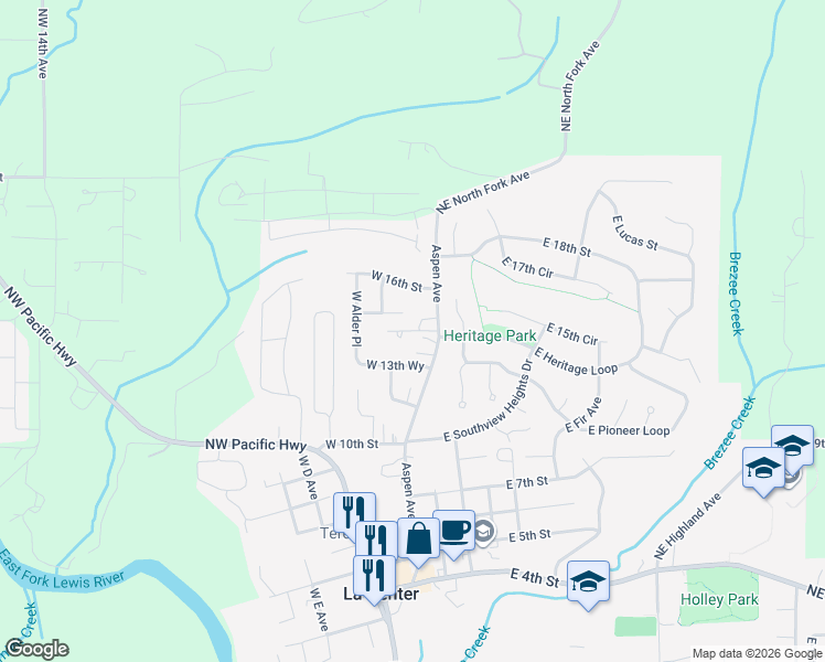 map of restaurants, bars, coffee shops, grocery stores, and more near West 15th Street in La Center
