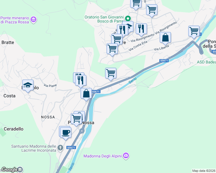 map of restaurants, bars, coffee shops, grocery stores, and more near 52 Via Europa in Ponte Nossa