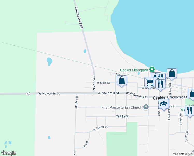 map of restaurants, bars, coffee shops, grocery stores, and more near 501 West Main Street in Osakis