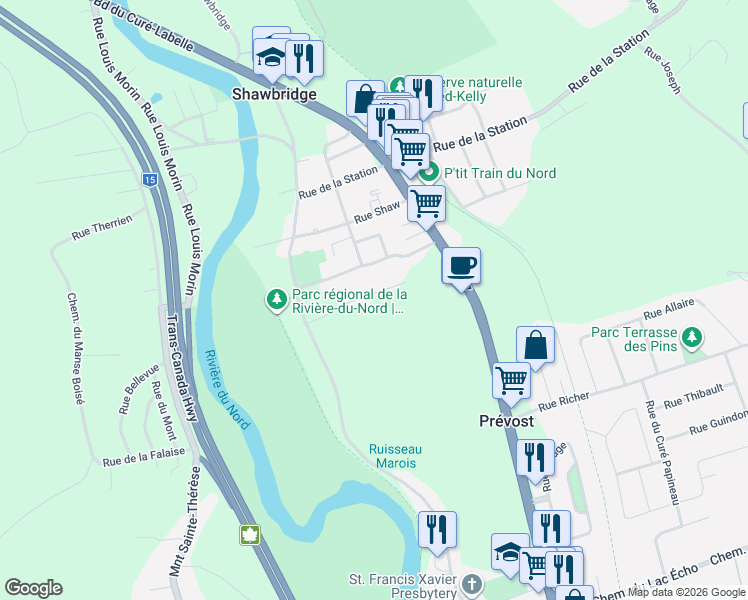 map of restaurants, bars, coffee shops, grocery stores, and more near 781 Rue Blondin in Prévost