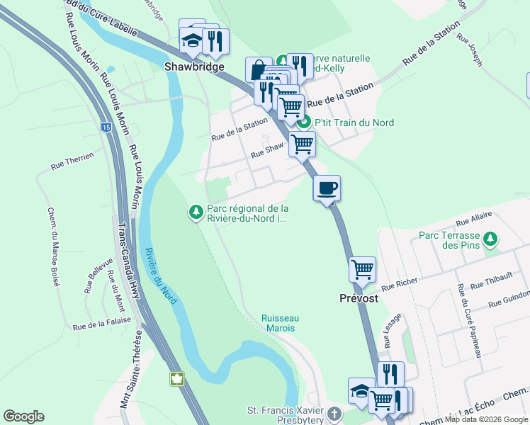 map of restaurants, bars, coffee shops, grocery stores, and more near 781 Rue Blondin in Prévost