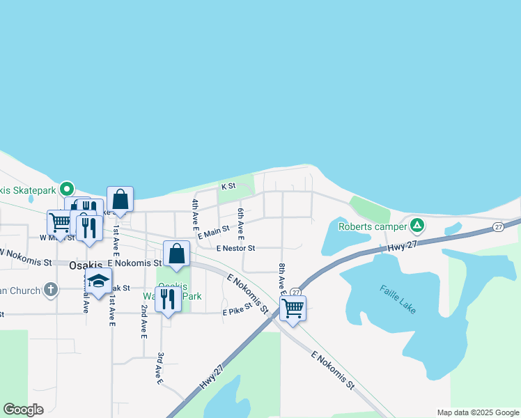 map of restaurants, bars, coffee shops, grocery stores, and more near 609 East Lake Street in Osakis