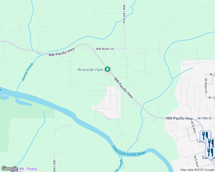 map of restaurants, bars, coffee shops, grocery stores, and more near 1724 West 15th Street in La Center