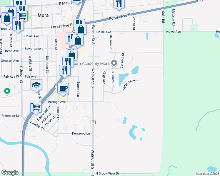 map of restaurants, bars, coffee shops, grocery stores, and more near 704 Bluebird Street in Mora