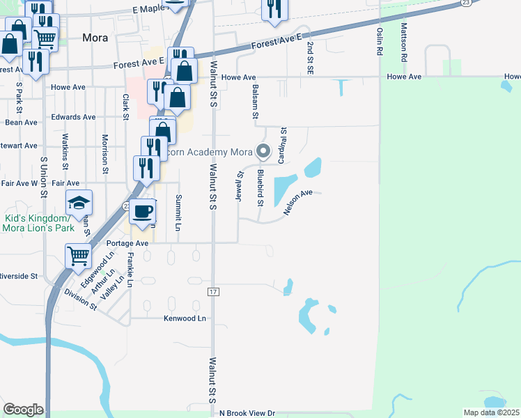 map of restaurants, bars, coffee shops, grocery stores, and more near 704 Bluebird Street in Mora
