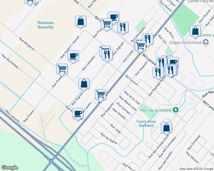 map of restaurants, bars, coffee shops, grocery stores, and more near 2325 Rue Cardin in Drummondville