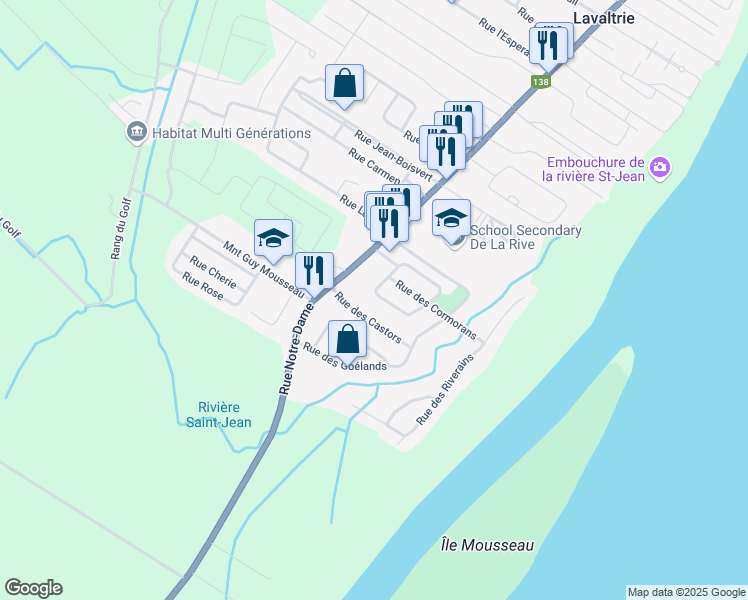 map of restaurants, bars, coffee shops, grocery stores, and more near 29 Rue des Albatros in Lavaltrie