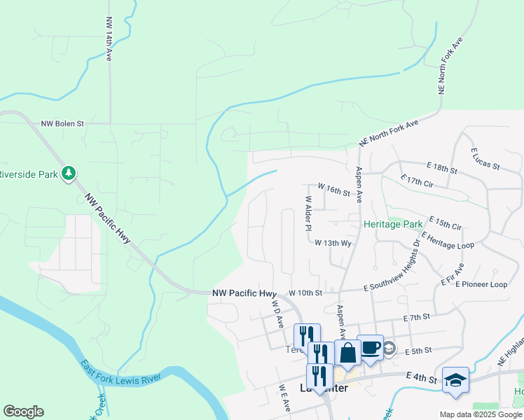 map of restaurants, bars, coffee shops, grocery stores, and more near 1534 West East Place in La Center