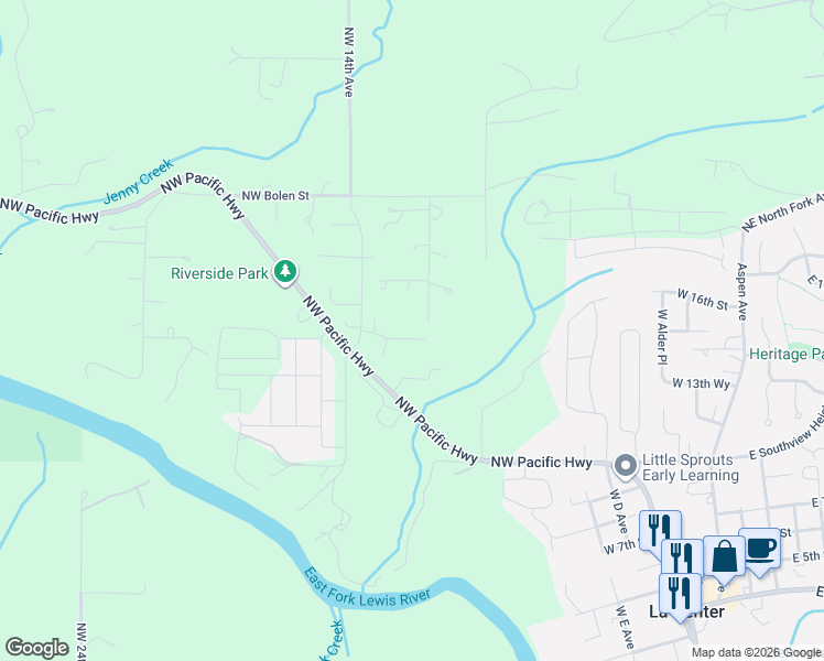 map of restaurants, bars, coffee shops, grocery stores, and more near 1119 West 15th Street in La Center