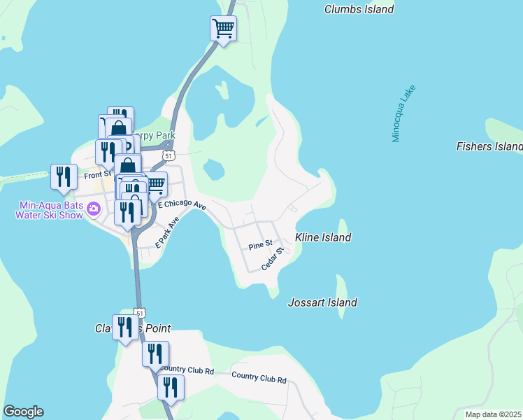 map of restaurants, bars, coffee shops, grocery stores, and more near 416 Manitowish Street in Minocqua