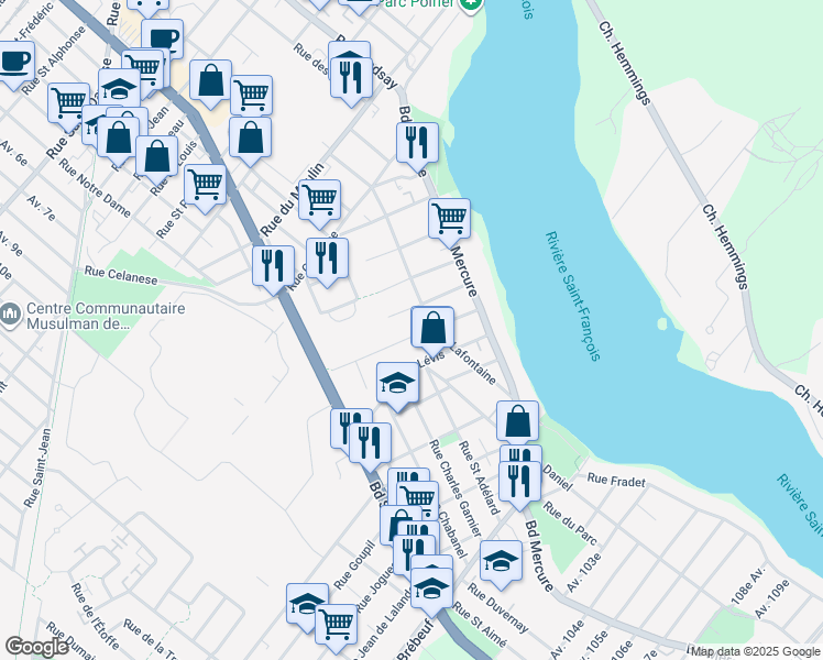 map of restaurants, bars, coffee shops, grocery stores, and more near 305 Rue Laurier in Drummondville