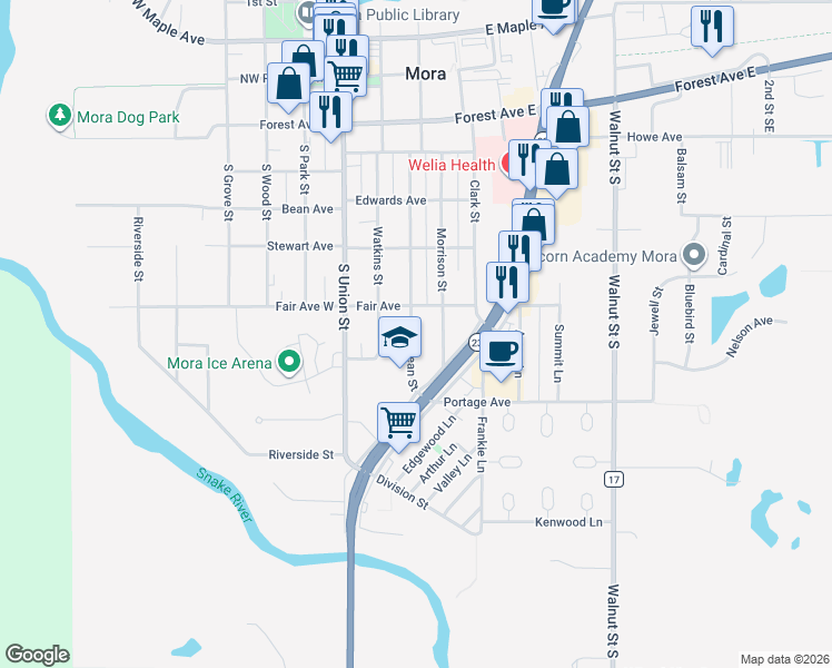map of restaurants, bars, coffee shops, grocery stores, and more near 608 McLean Street in Mora