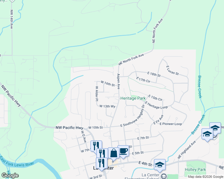 map of restaurants, bars, coffee shops, grocery stores, and more near 101 West 15th Circle in La Center